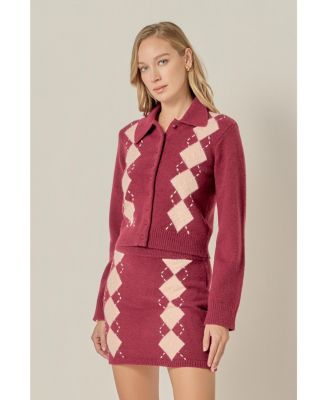 Women's Collared Argyle Knit Cardigan