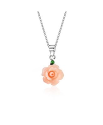 Romantic Floral 3D Pink Rose Green CZ Accent Pendant Necklace & Lever back Dangle Earrings Jewelry Set Sterling Silver