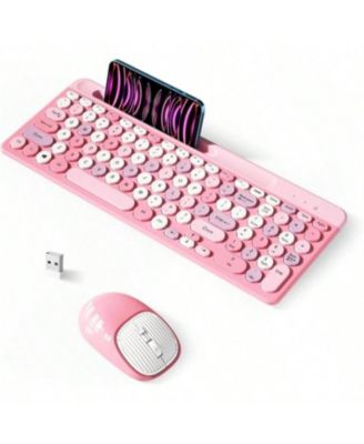 Wireless Keyboard and Mouse Combo - Retro Design with Round Keycaps, 2.4GHz Full-Size Wireless Keyboard Mouse for Computer, Desktop, Laptop, Pink