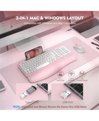 Wireless Keyboard and Mouse Combo - Full-Sized Keyboard with Cushioned Palm Rest, Phone Holder, 2.4G Cordless Set for Computer, Laptop, PC - Pink