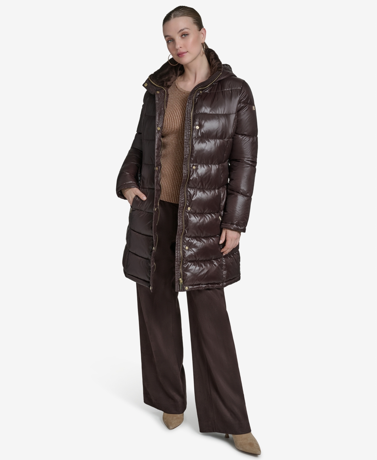 Halston Women's Stand Collar Belted Puffer Coat