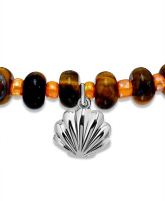 Tigers Eye Rondelle Beads and Clamshell Drop Charm Beaded Gold Plated Stretch Bracelet