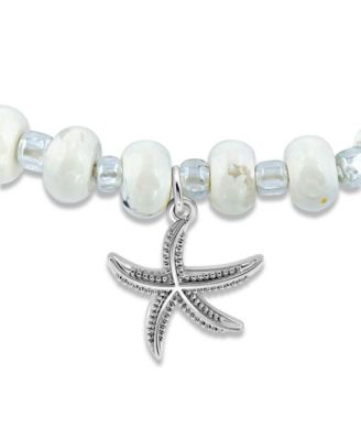 Howlite Rondelle and Starfish Drop Silver Plated Stretch Bracelet