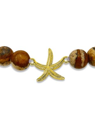 Picture Jasper Beads and Starfish Charm Gold Plated Stretch Bracelet