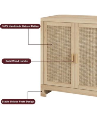 Rattan Accent Storage Cabinet with 4 Doors and Shelf, Modern Console Coffee Bar Cabinet for Dining Room, Kitchen, Living Room,Entryway,Beige