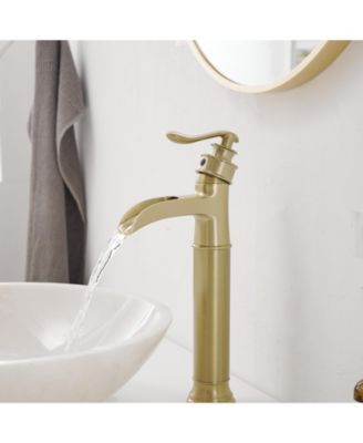 Waterfall Single Handle Bathroom Vessel Sink Faucet Farmhouse Vanity Bowl Tall Lavatory With Metal Drain In Brushed Gold