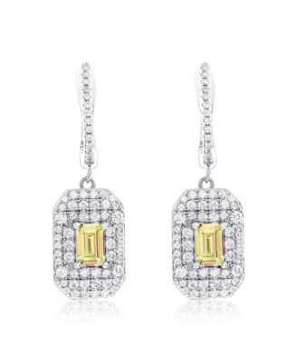 Sterling Silver Cubic Zirconia Emerald Cut Center Pave Medallion Dangle Drop Earrings