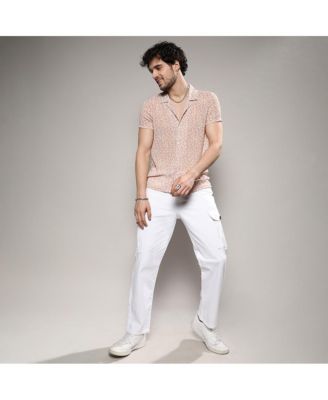 Men's Beige Washed Flowers Seld-Design Shirt