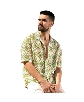 Men's Grass Green & Pale Yellow Geometric Block Oversized Shirt