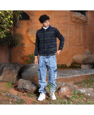 Men's Navy Blue & Emerald Green Striped-Jacquard Sherpa-Lined Jacket