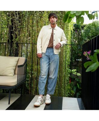 Men's Cream White Lined-Tactile Bomber Jacket