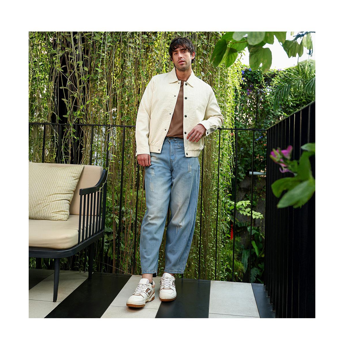 Campus Sutra Men's Cream White Lined-Tactile Bomber Jacket