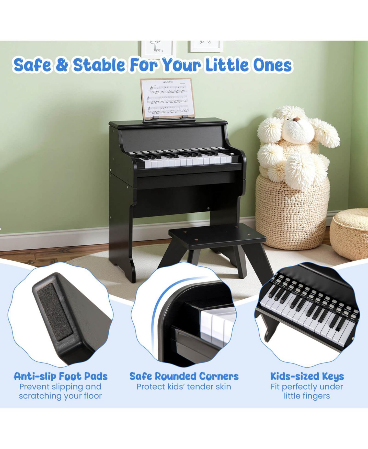 Детские игрушки Costway 25-Key Digital Piano with Lighted Keys Teaching Mode, 3-Piece Set, Ages 3+, цвет: Чёрный — фото 9