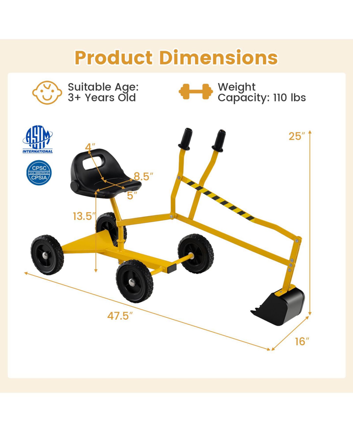 Детская игрушка HONGGE Sandbox Sand Digger Ride-On Excavator with Dual-Hand Controls, 110 lbs Capacity, Ages 3+, цвет: Чёрный — фото 4