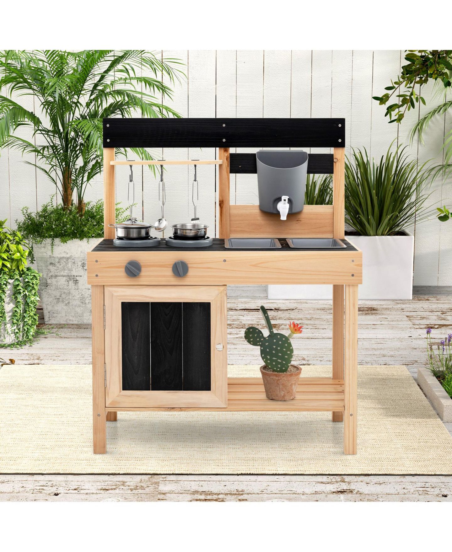 Детский игровой набор SKONYON Wooden Outdoor Mud Kitchen Working Water Faucet 8-Piece Playset, Ages 3+, цвет: Натуральный — фото 3