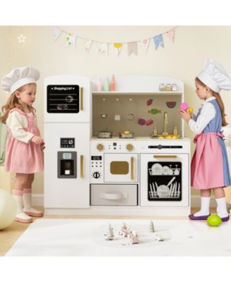 Wooden Kids Kitchen Playset with Chalkboard Ice Maker Sink Lighted Microwave-White