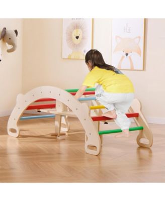 4-in-1 Multifunctional Wooden Climbing Toys with Rocker and Crawling Tunnel-Multicolor