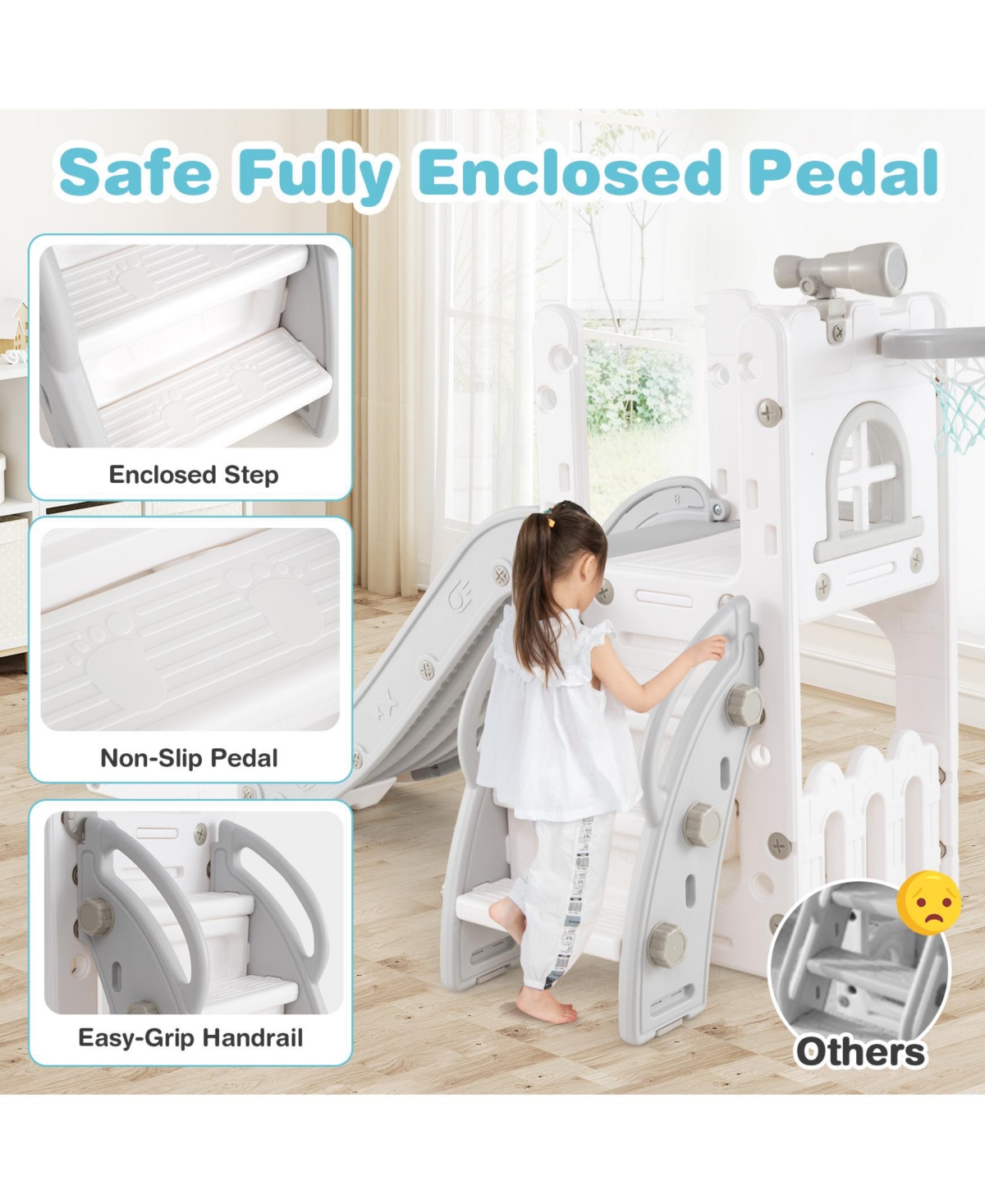 Skonyon 6-in-1 Toddler Slide L-shaped Playground with Basketball Hoop and Ladder