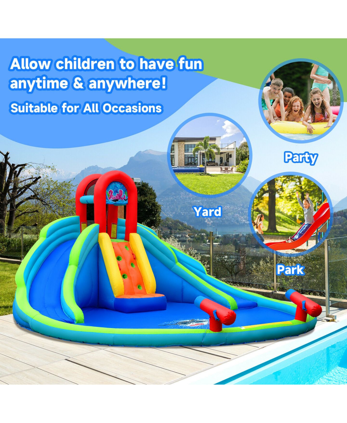 Детская игрушка SKONYON Inflatable Waterslide Bounce House, 18'L x 17.5'W x 9.5'H, Blower Compatible, Ages 3+, цвет: Синий — фото 10