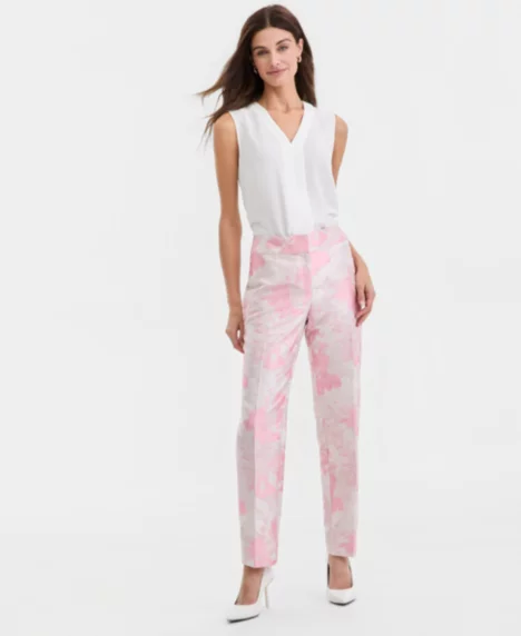 Women's Floral Jacquard High-Rise Slim Pants, Regular & Petite - Tutu Pink Multi