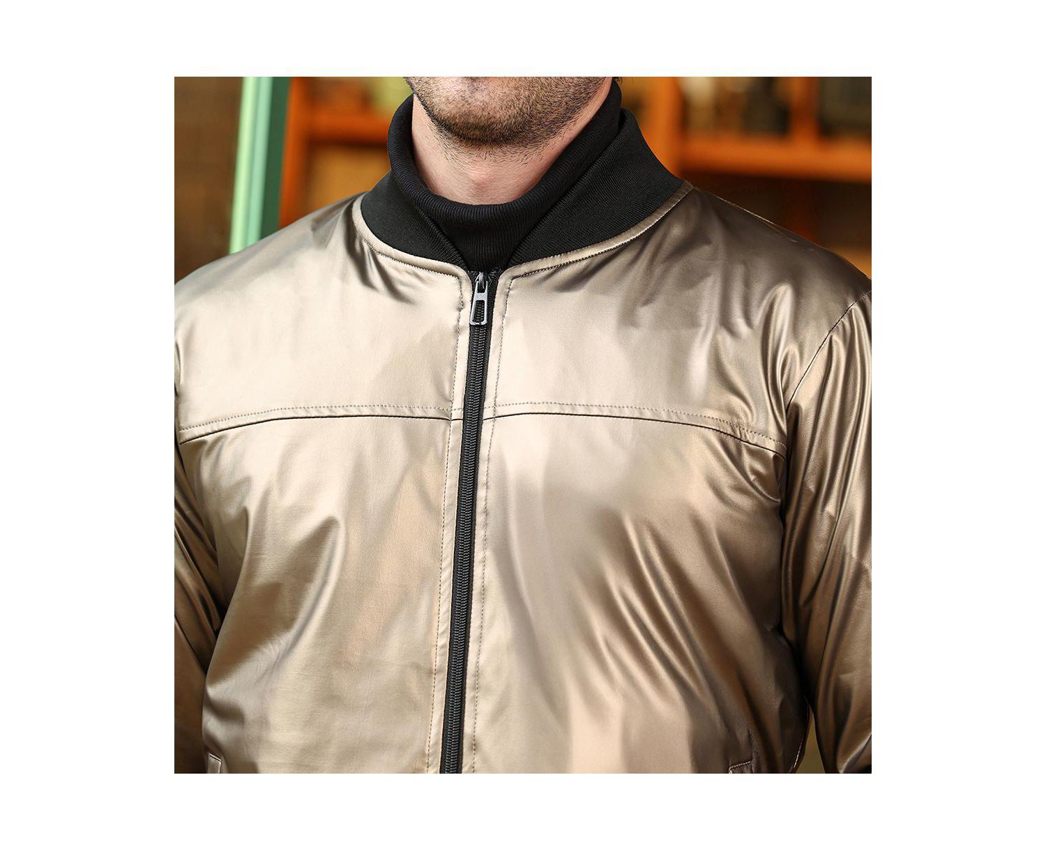 Men's Antique Bronze Patent-Panel Bomber Jacket