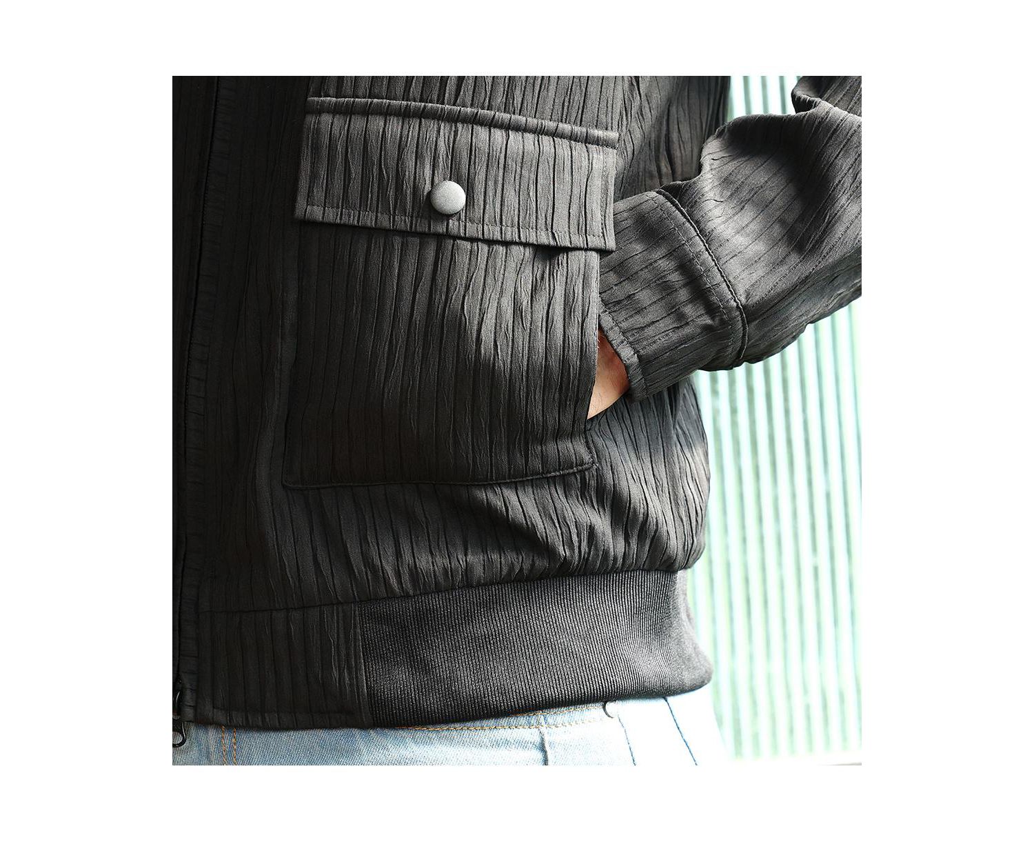 Men's Midnight Black Zip-Front Crease-Tactile Jacket