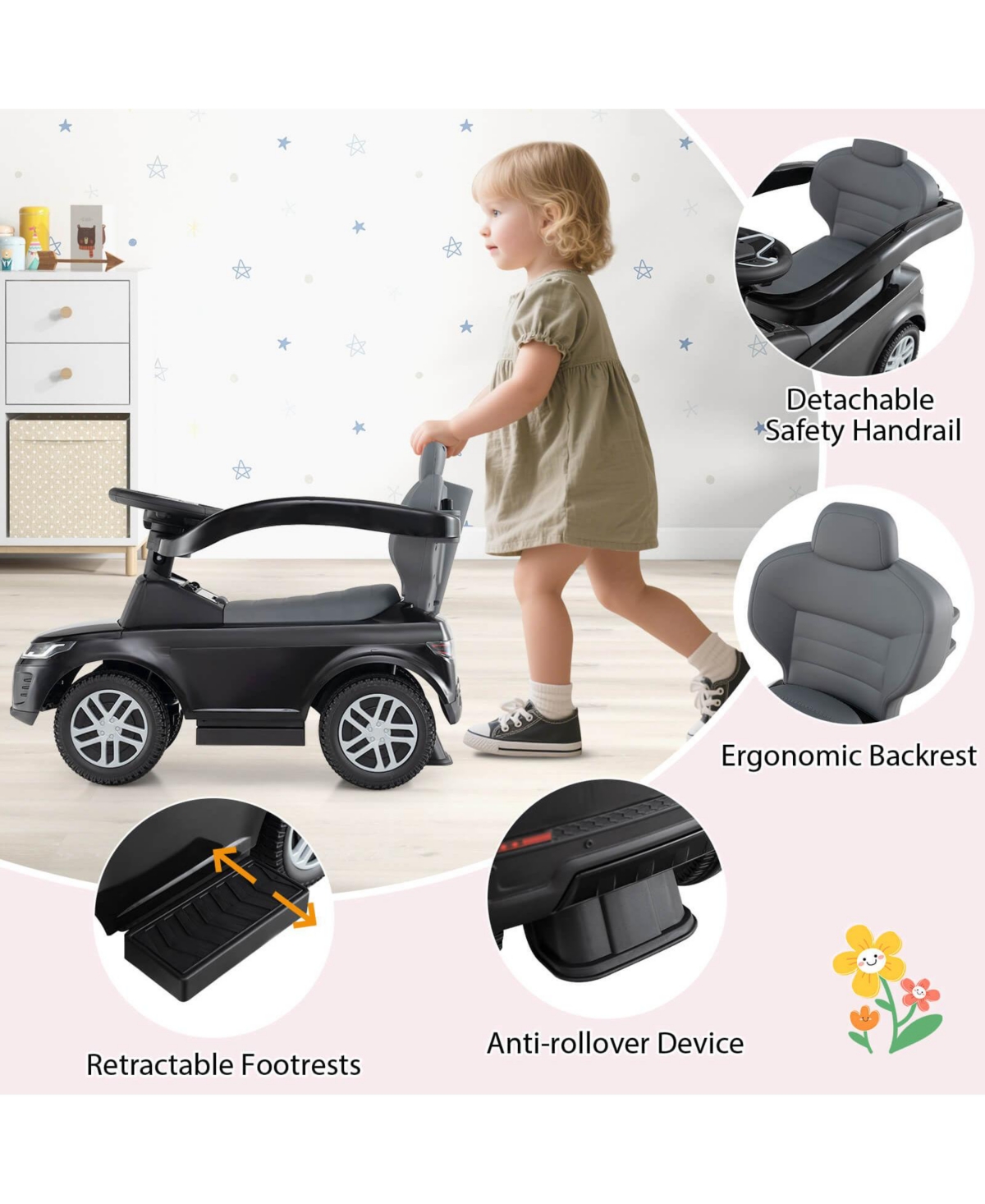Kids Ride on Push Car with Horn & Start-up Sound Under-seat Storage Push Handle