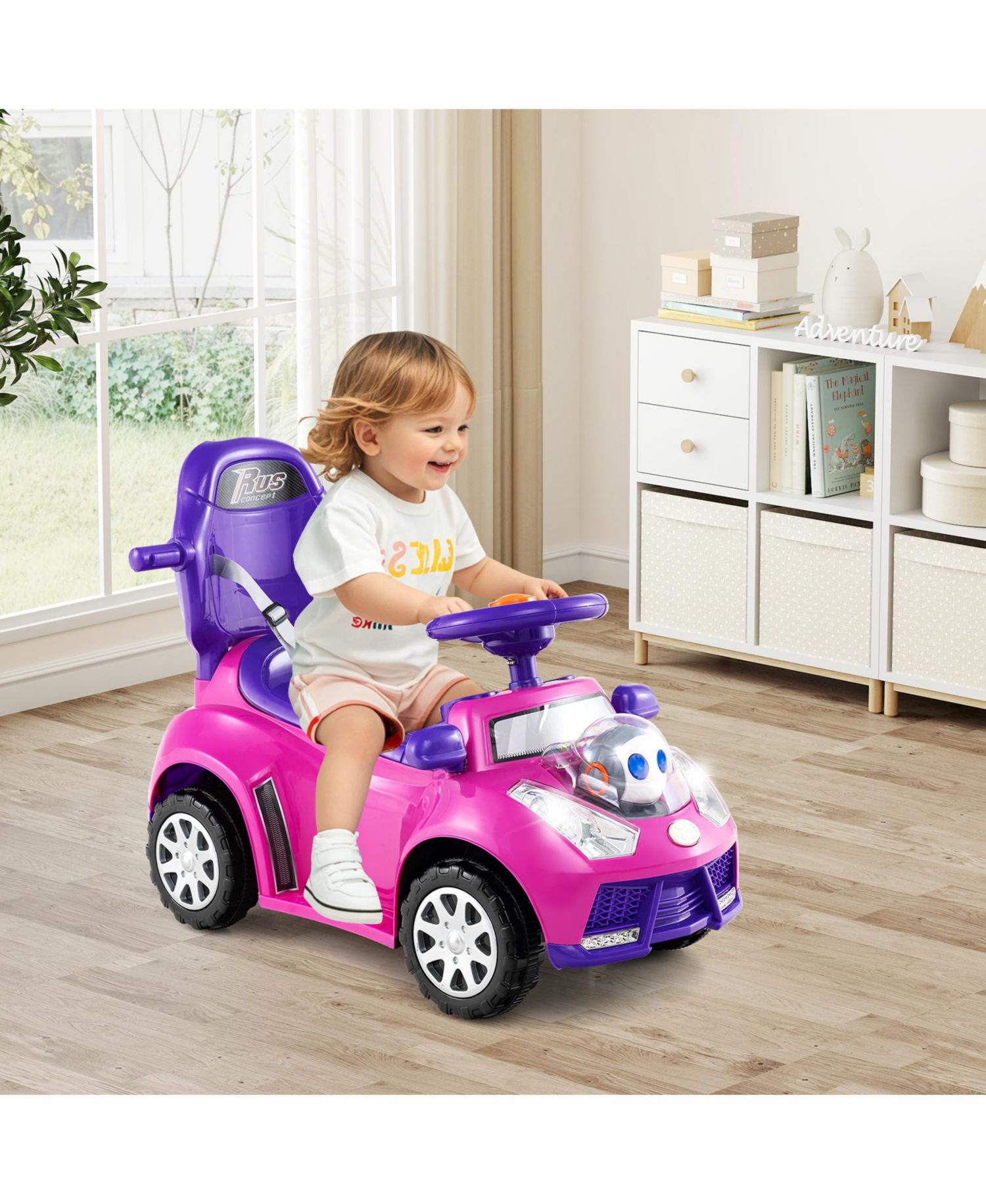 3-in-1 Sliding Walker w/ Adjustable Canopy Horn Music & Light for Boys & Girls