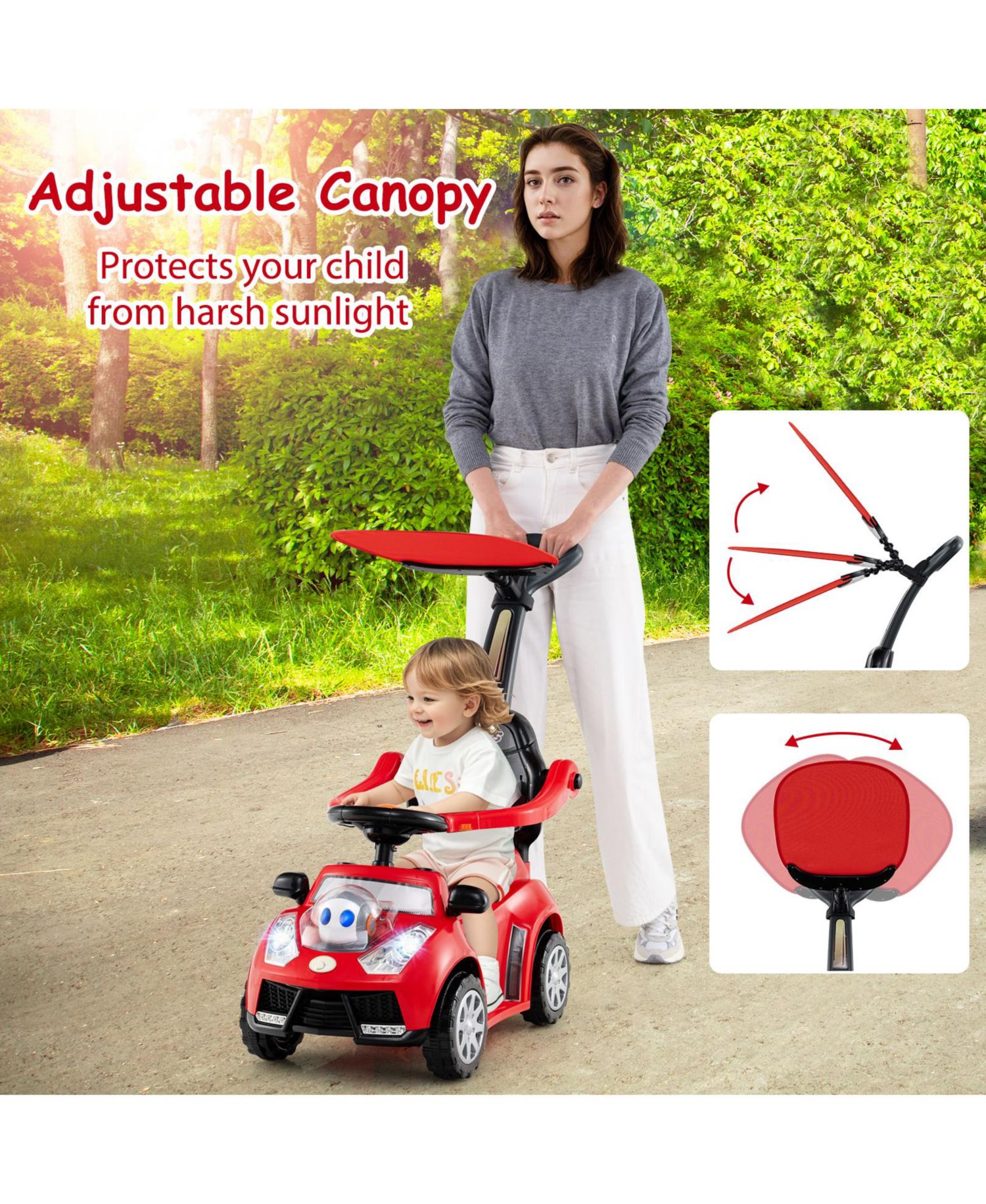 3-in-1 Sliding Walker w/ Adjustable Canopy Horn Music & Light for Boys & Girls