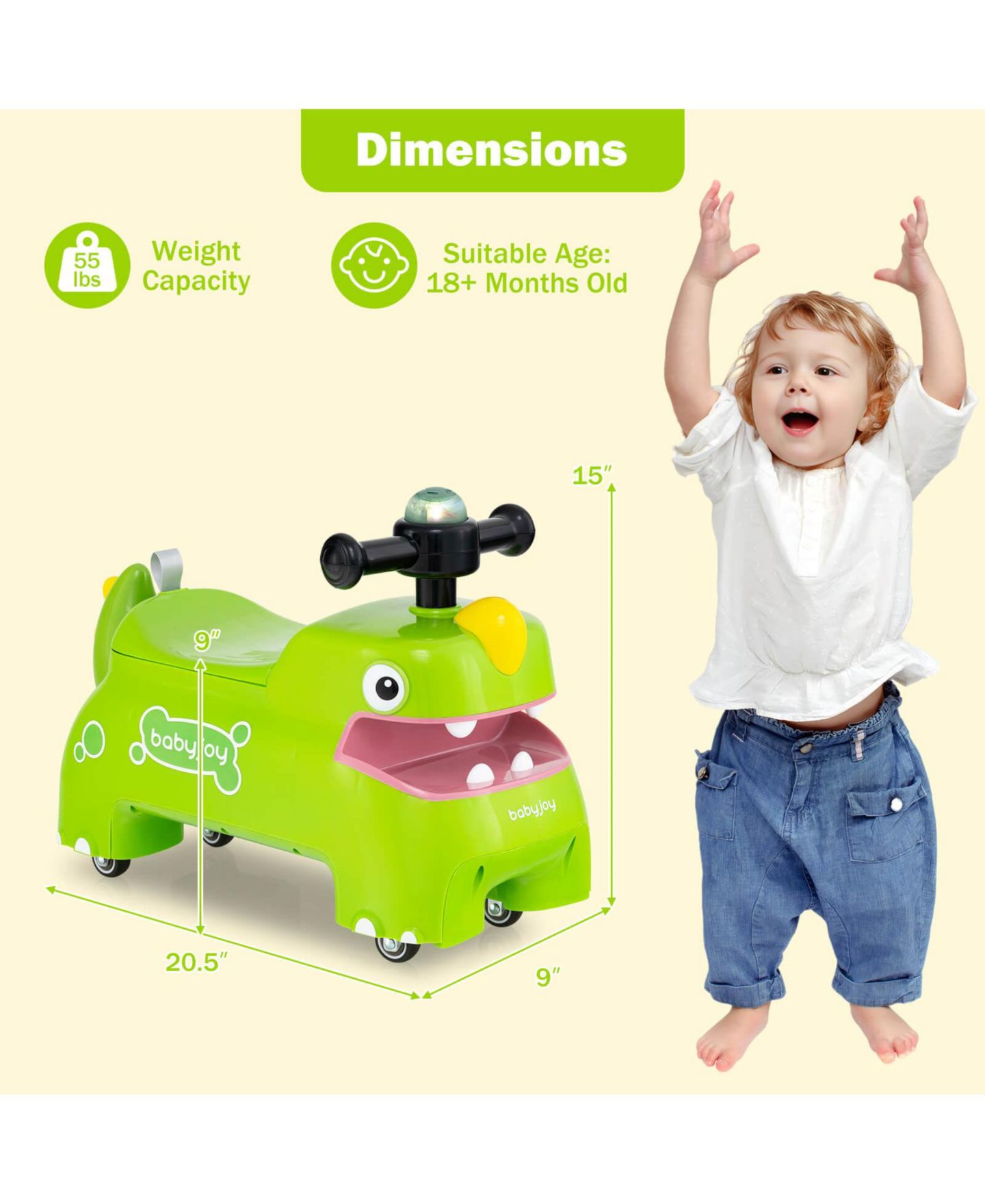 Детская игрушка Costway Baby Dinosaur Sliding Car with LED Lights and Under-Seat Storage Ride-On Toy, 55 lbs. Capacity, Ages 18 Months+, цвет: Зелёный — фото 3