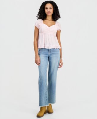 Juniors' Short-Sleeve Embroidered Sweetheart-Neck Babydoll Top