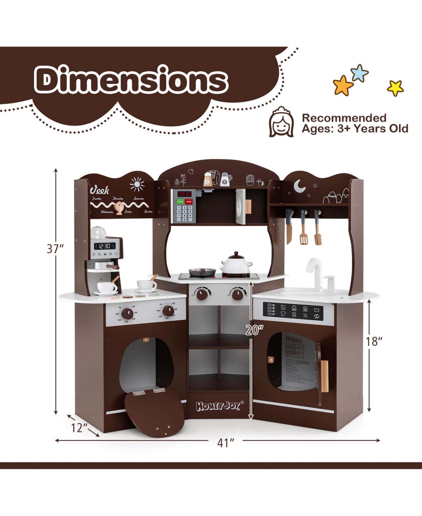 Детский игровой набор Costway Corner Kitchen Playset with Coffee Machine, 12-Piece, Ages 3+, цвет: Коричневый — фото 3