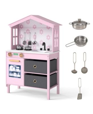 Kids Play Kitchen w/2 Stoves Rotation Knobs Faucet Sink Dishwasher Drawers