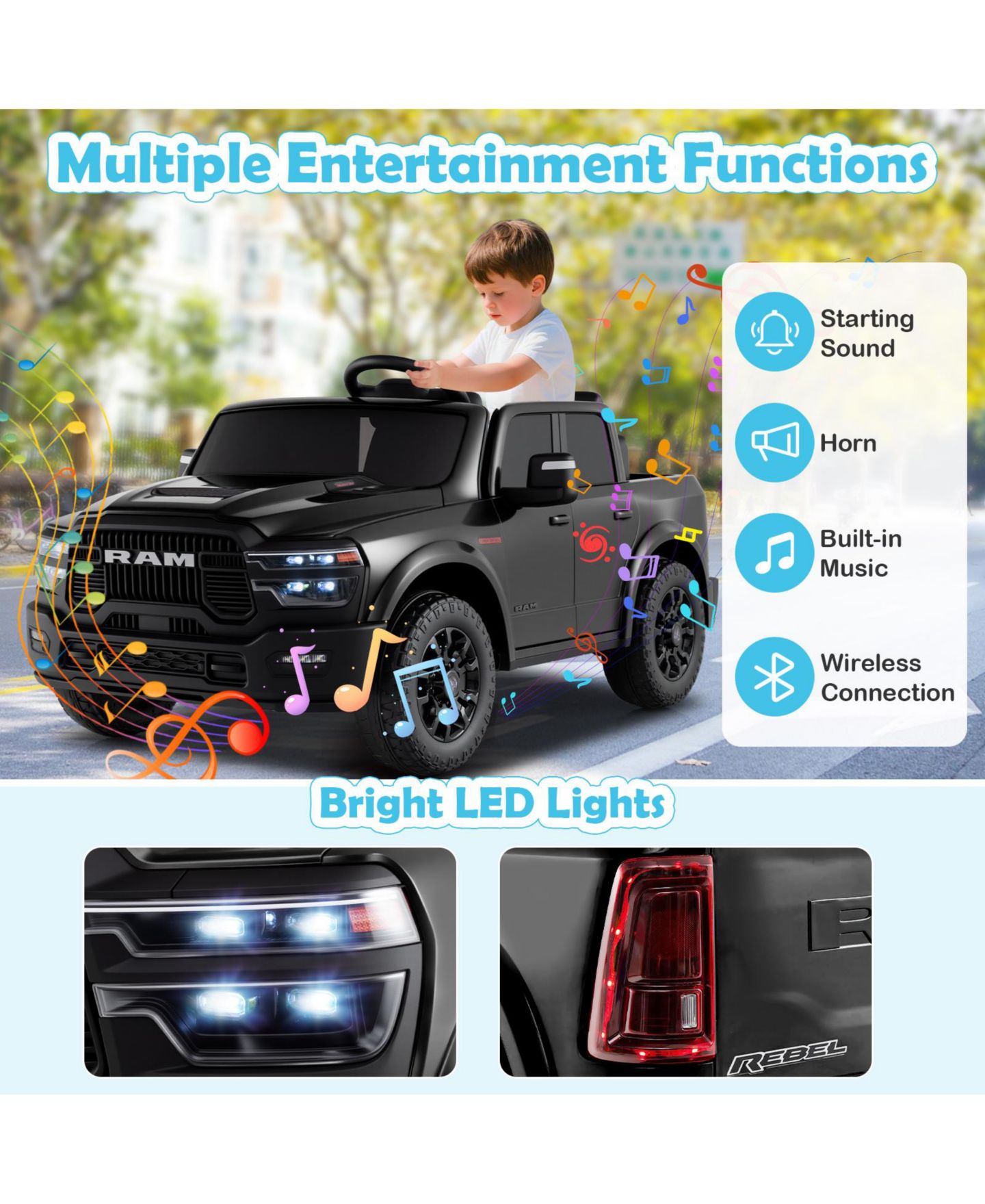Детская игрушка Gymax Ram 2500 Rebel 2-Seater Remote Control Ride-On Truck, 110 lbs, Ages 3-7 Years, цвет: Чёрный — фото 6