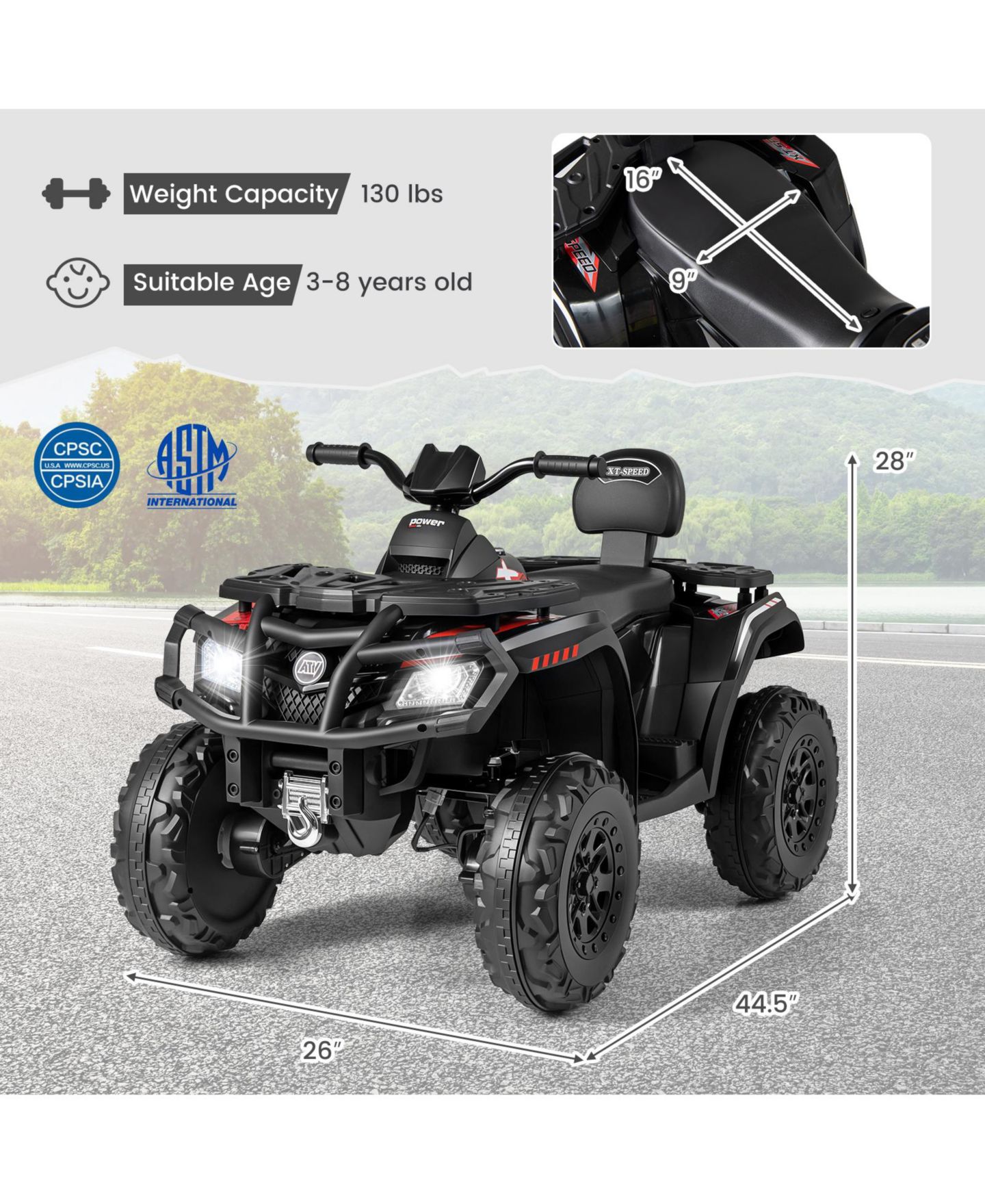 Детская игрушка Gymax 24V 2-Seater 4-Wheel Electric Quad with 4 Motors, Ages 3-8, цвет: Чёрный — фото 5