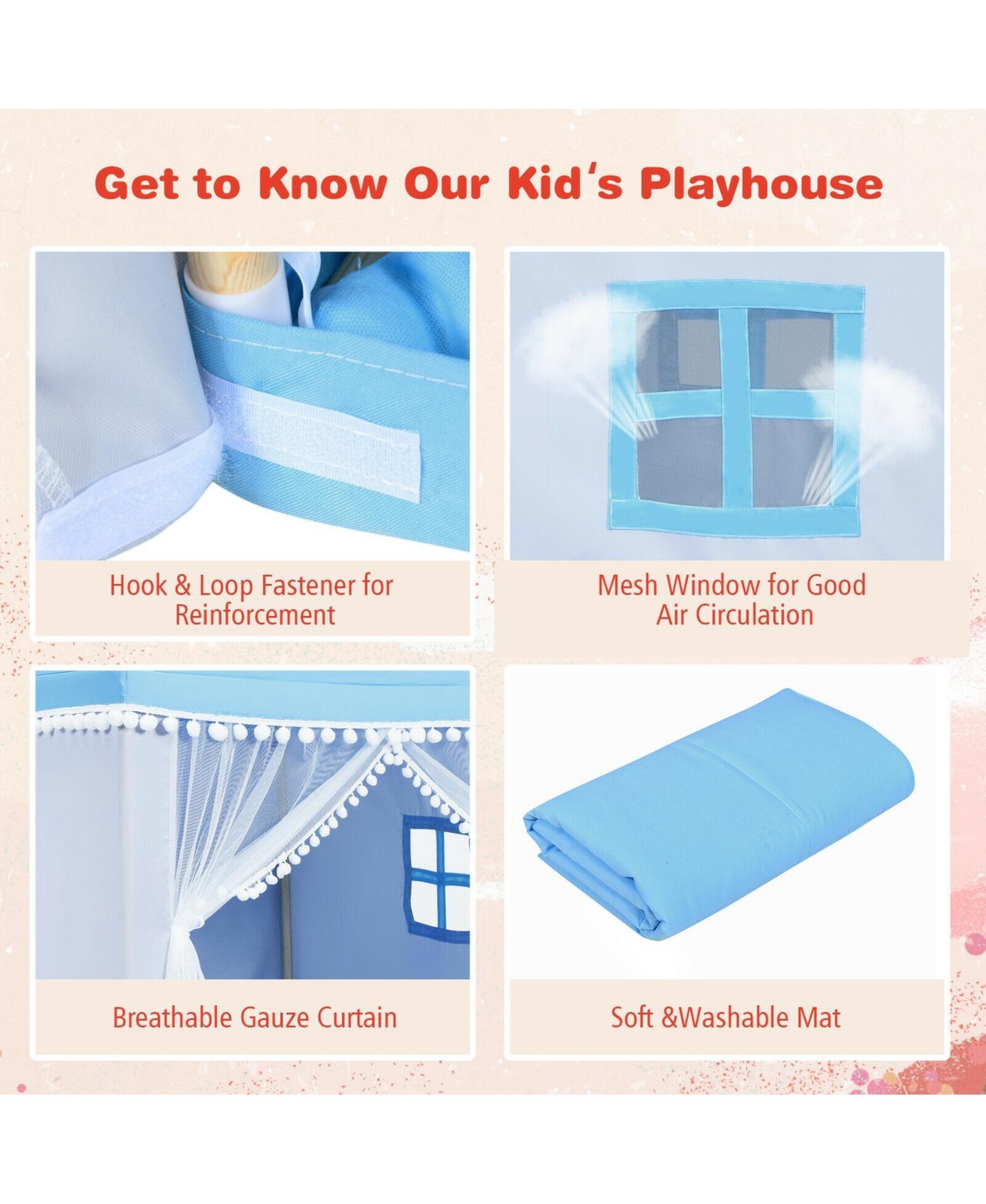 Skonyon Kids Play Tent Large Playhouse Children Play Castle Fairy Tent Gift with Mat-Blue