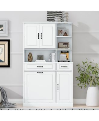 Tall Freestanding Storage Cabinet with Drawers Doors and Adjustable Shelves in White