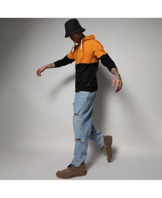 Men's Black & Mustard Yellow Pullover Hoodie With Ribbed Hem