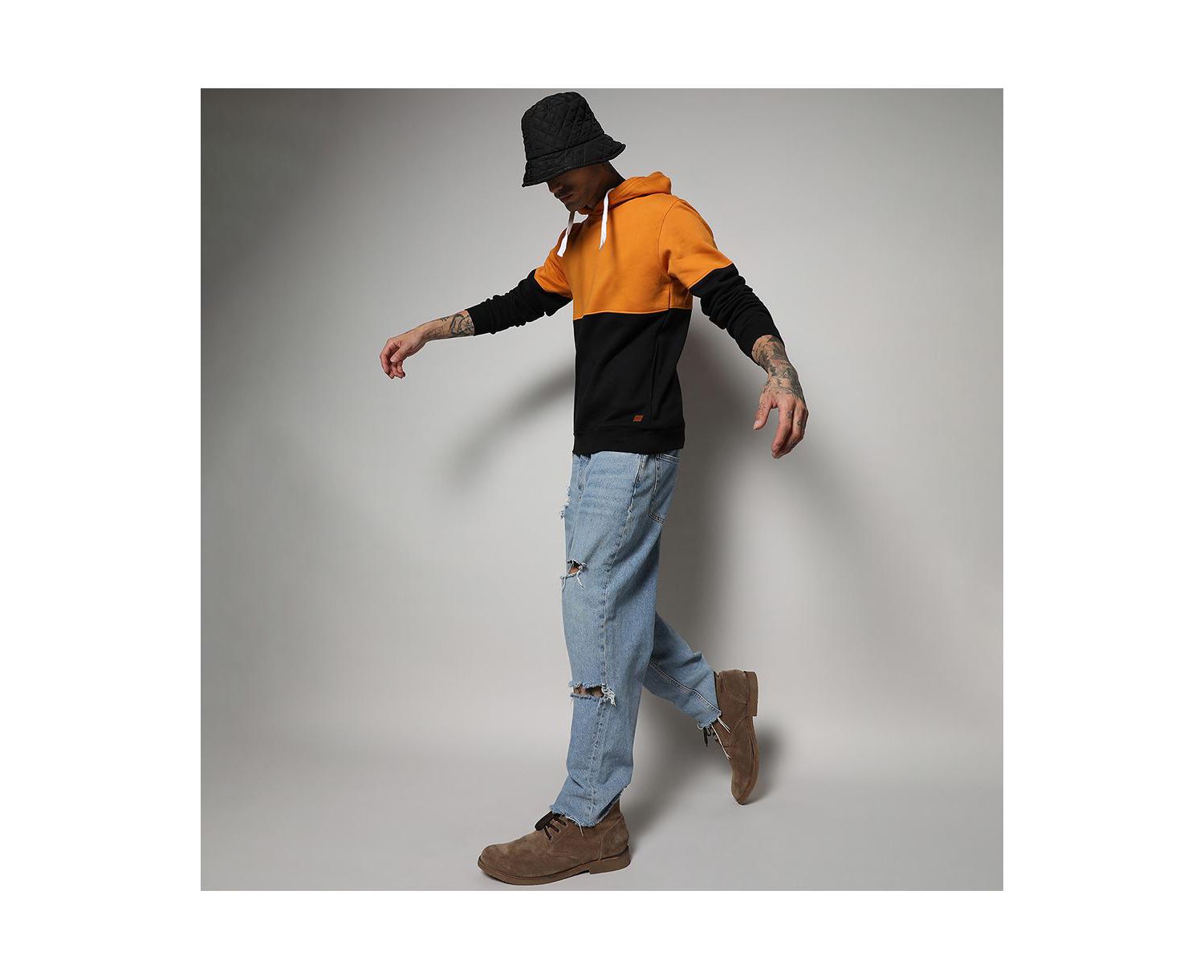 Men's Black & Mustard Yellow Pullover Hoodie With Ribbed Hem