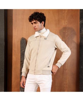 Men's Saltbox Beige Contrast Sherpa-Lined Suede Bomber Jacket