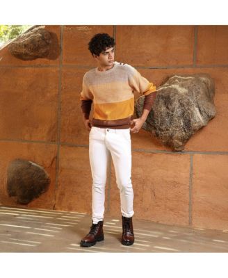 Men's Pumpkin Orange & Chocolate Brown Panel-Jacquard Knit Pullover Sweater