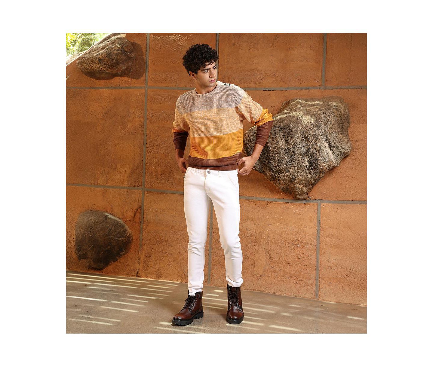 Мужской свитер Campus Sutra Pumpkin Orange & Chocolate Brown Panel-Jacquard Knit Pullover, цвет: Жёлтый — фото 5