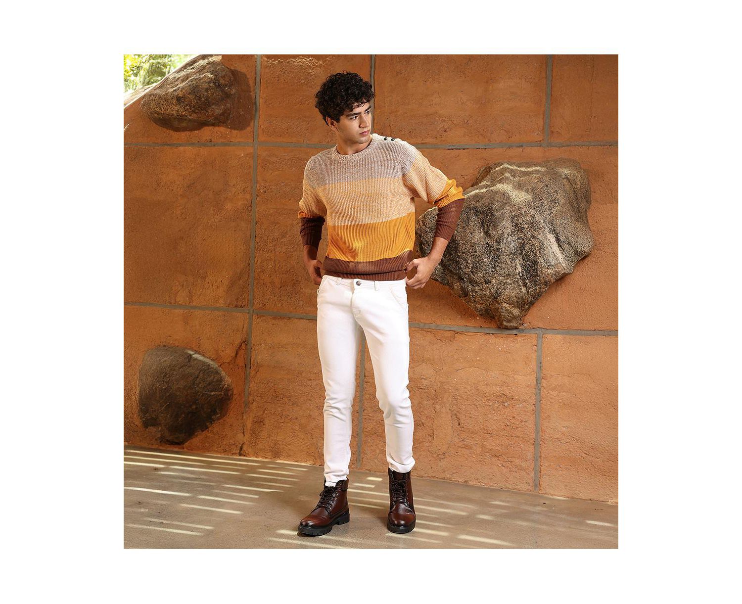 Men's Pumpkin Orange & Chocolate Brown Panel-Jacquard Knit Pullover Sweater
