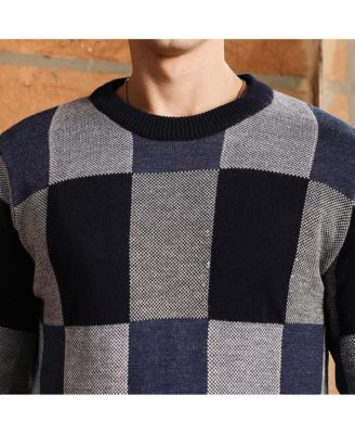 Men's Navy Blue Block-Check Pullover Sweater