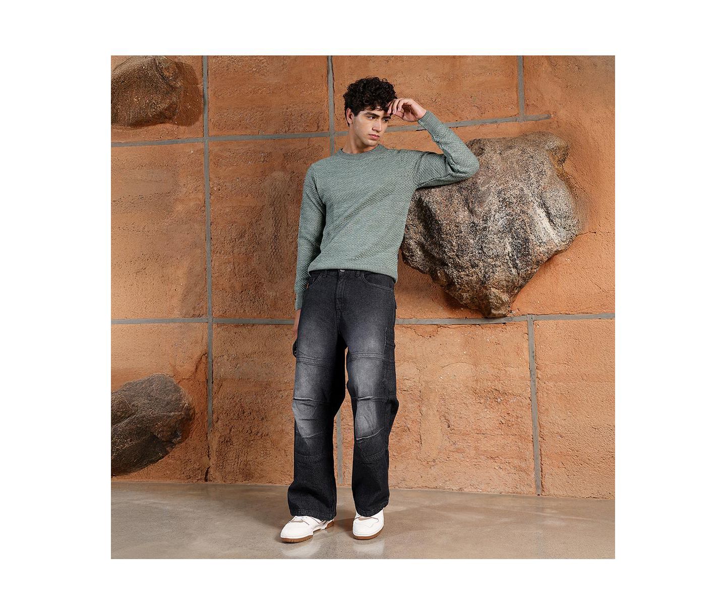 Мужской свитер Campus Sutra Geo-Jacquard Knit Pullover, цвет: Зелёный — фото 4