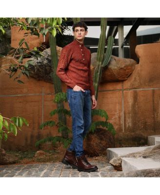 Men's Terracotta Brown Heathered-Jacquard Knit Fisherman Sweater