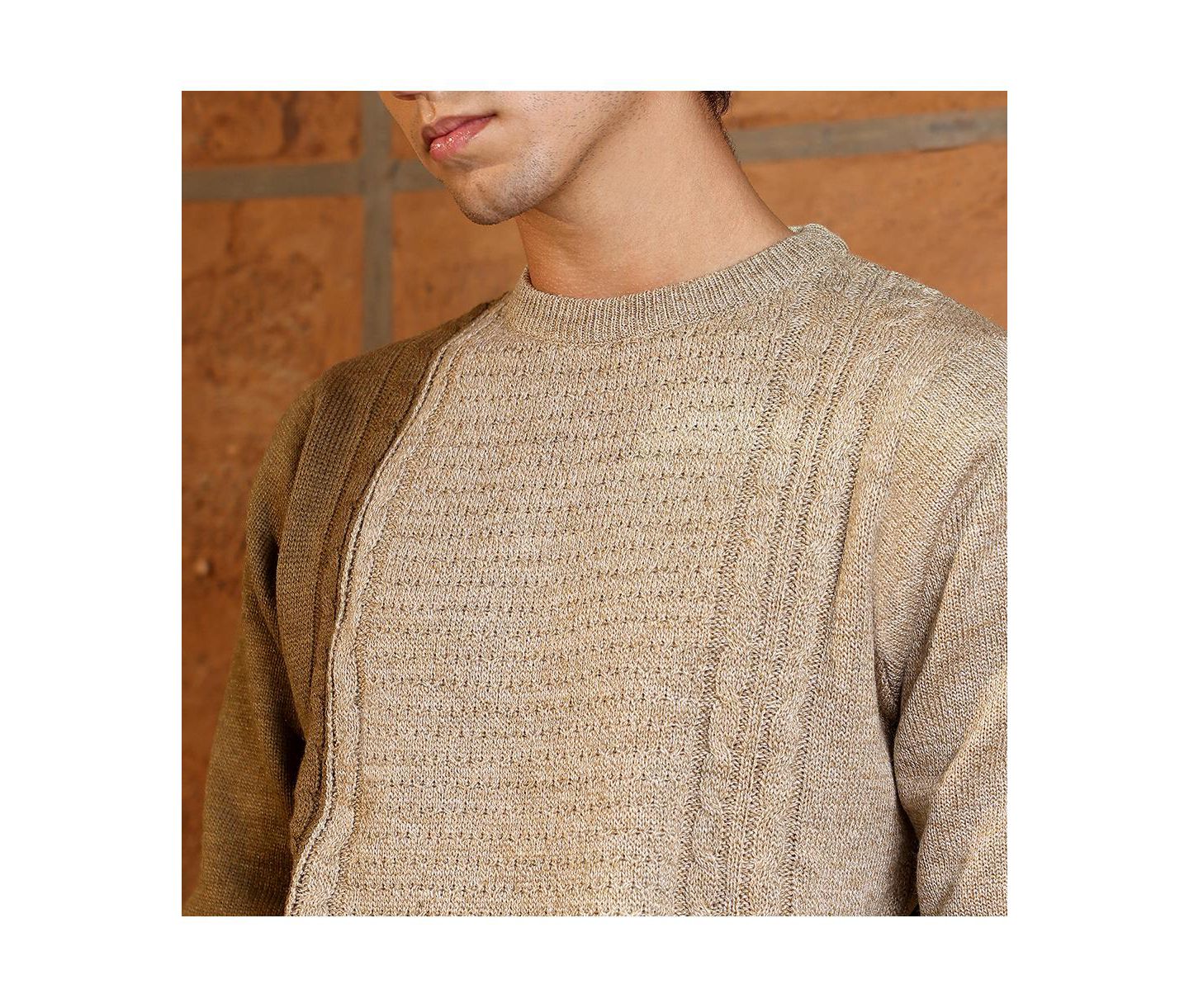 Мужской свитер Campus Sutra Sand Beige Textured-Jacquard Knit Pullover, цвет: Бежевый / Хаки — фото 7