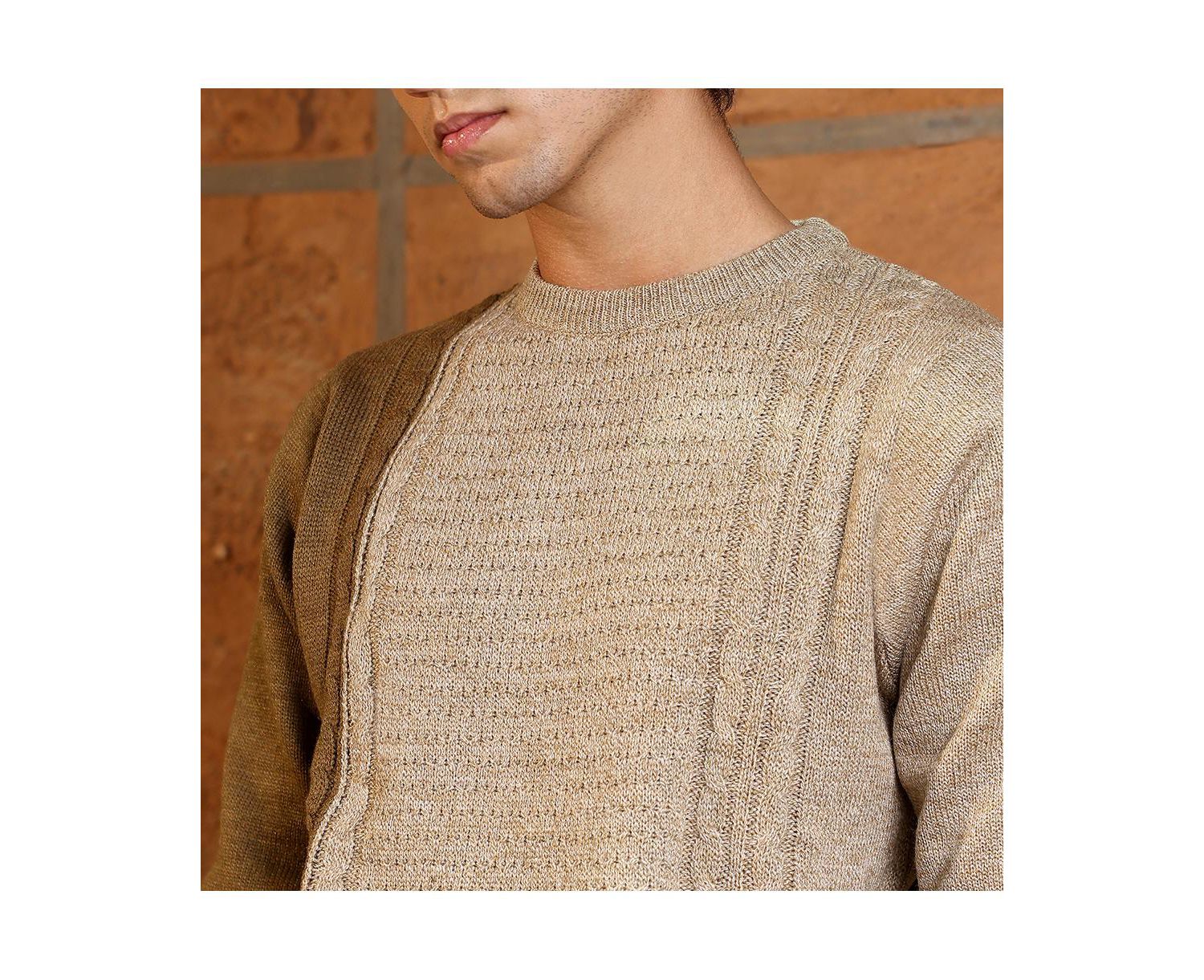 Men's Sand Beige Textured-Jacquard Knit Pullover Sweater