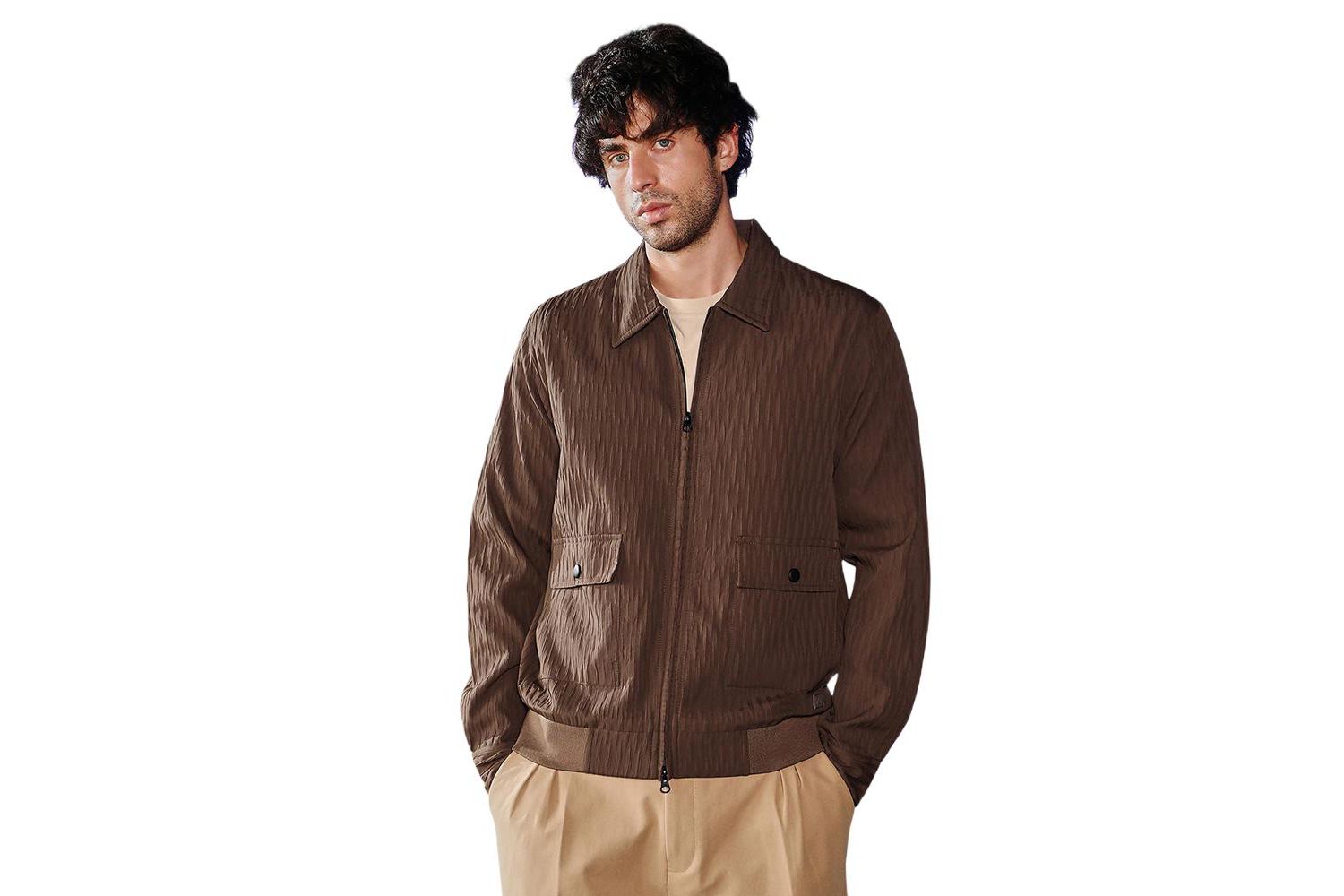 Men's Chocolate Brown Zip-Front Crease-Tactile Jacket
