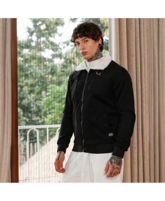 Men's Raven Black Contrast Sherpa-Lined Suede Bomber Jacket